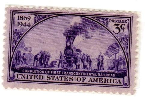 Postage Stamps United States. One Single 3 Cents Violet, Golden Spike Ceremony, Painting by John McQuarrie, Transcontinental Railroad Issue, Stamp Dated 1944, Scott #922.