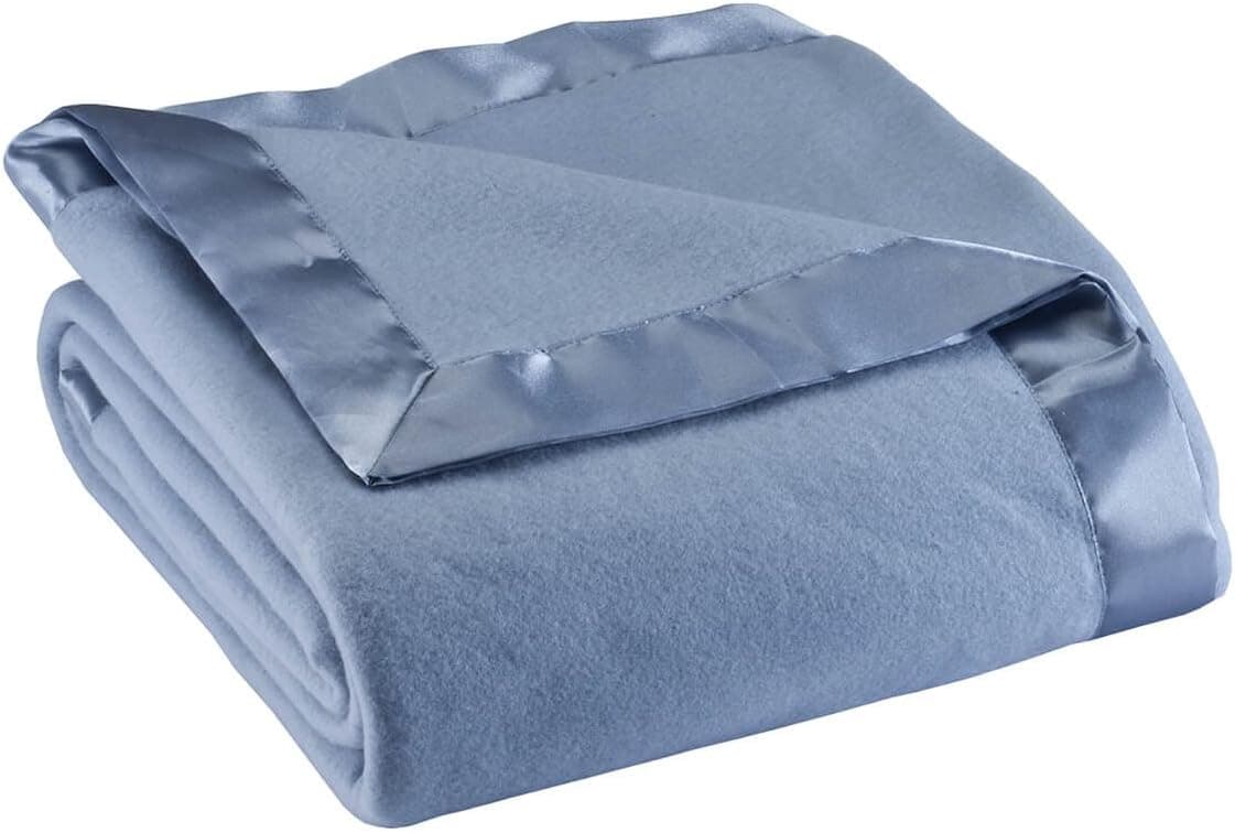 OakRidge Satin Fleece Blanket, Full/Queen, Twin or King Size – 100% Polyester Lightweight Fabric and Cozy Satin Binding Edges in Tightly Folding Travel Blanket, Blue