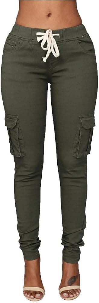 Pxmoda Womens Casual Stretch Drawstring Skinny Pants Cargo Jogger Pants High Waist Tie Butt Lift Pant with Pockets
