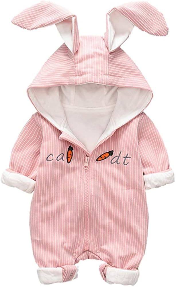 Baby Girl Boy Jumpsuit Cartoon Carrot Printed Striped Hoodie Rabbit Romper with Zipper Outfit (3-6 Months, Pink)