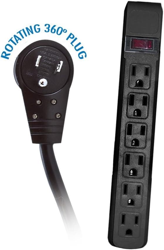 ACL 4 Feet Surge Protector, Flat Rotating Plug, 6 Outlet, Black Horizontal Outlets, Plastic, Power Cord, 1 Pack