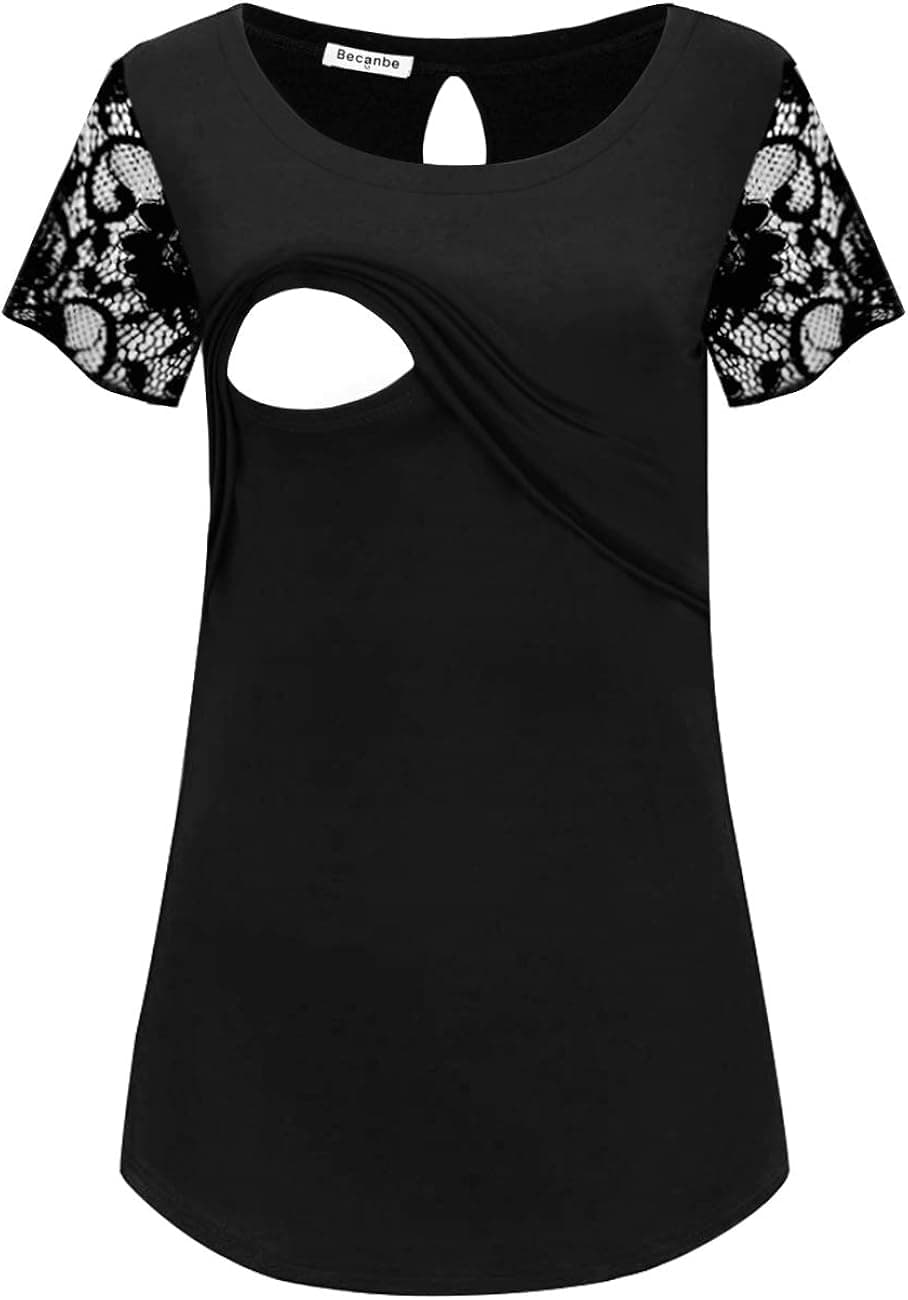 Becanbe Women's Floral Lace Sleeve Layered Nursing Tops Maternity Breastfeeding Shirt