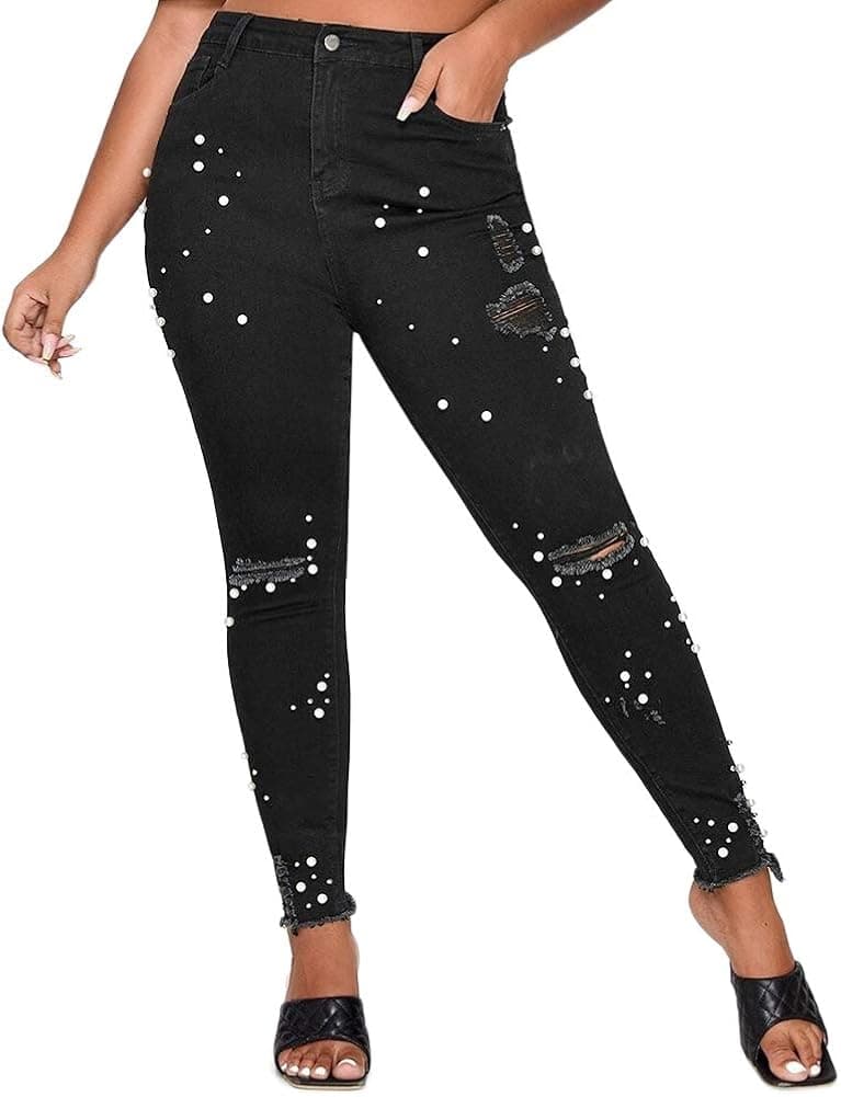 ALLABREVE Women's Plus Size Pearls Beaded Ripped Skinny Jeans, Black High Waisted Stretch Fitted Jeans, Washed Slim Fit Denim Jegging Tight Jean Pants (Pearl Ripped Black, 4XL)