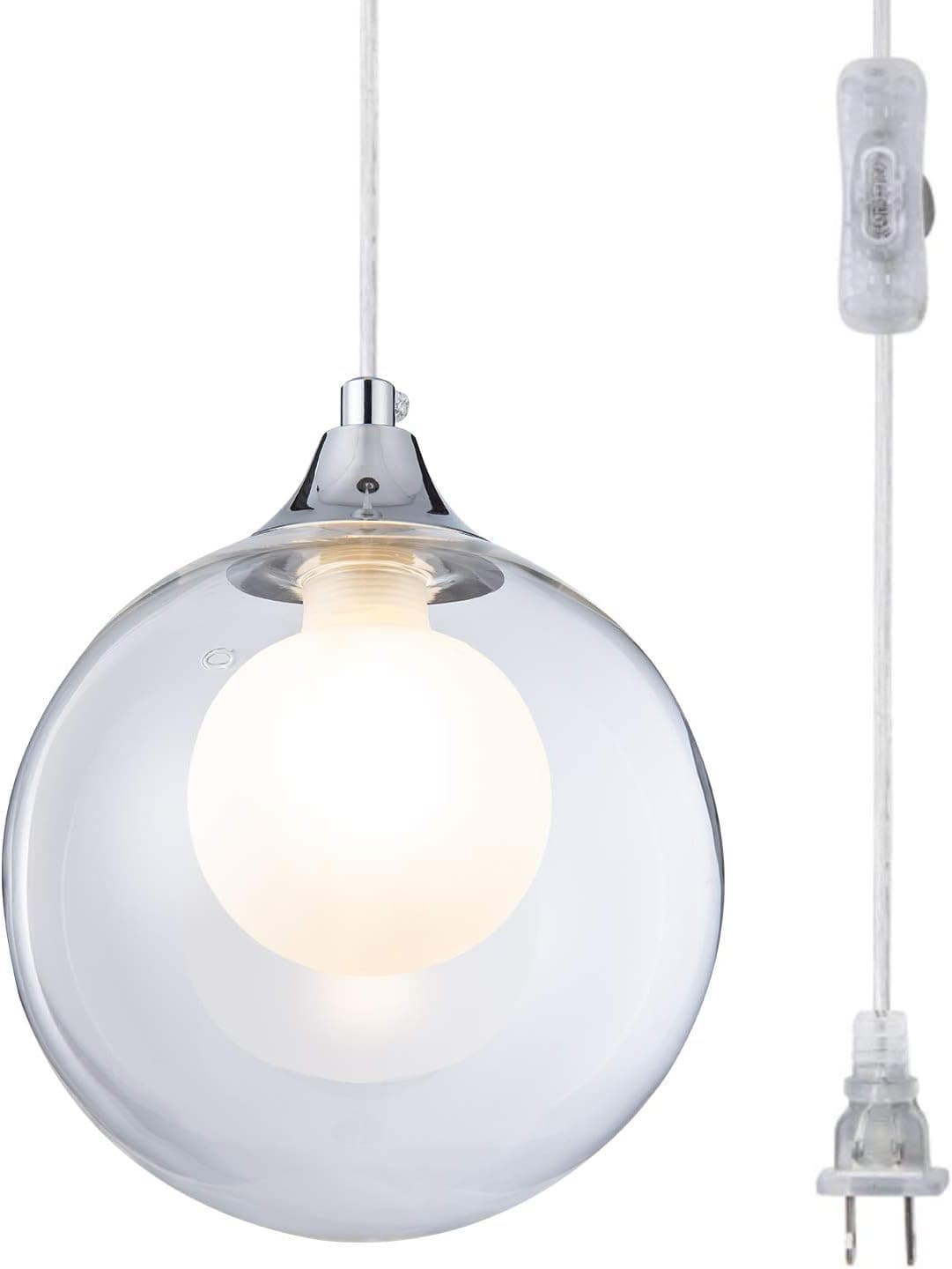 Weesalife Glass Globe Pendant Light Modern Mini Haning Lighting Fixture Plug-in Cord Pendant with On/Off Switch,Chrome Finish, for Kitchen,Island, Farmhouse, Dinging Room, Hallway,Entryway