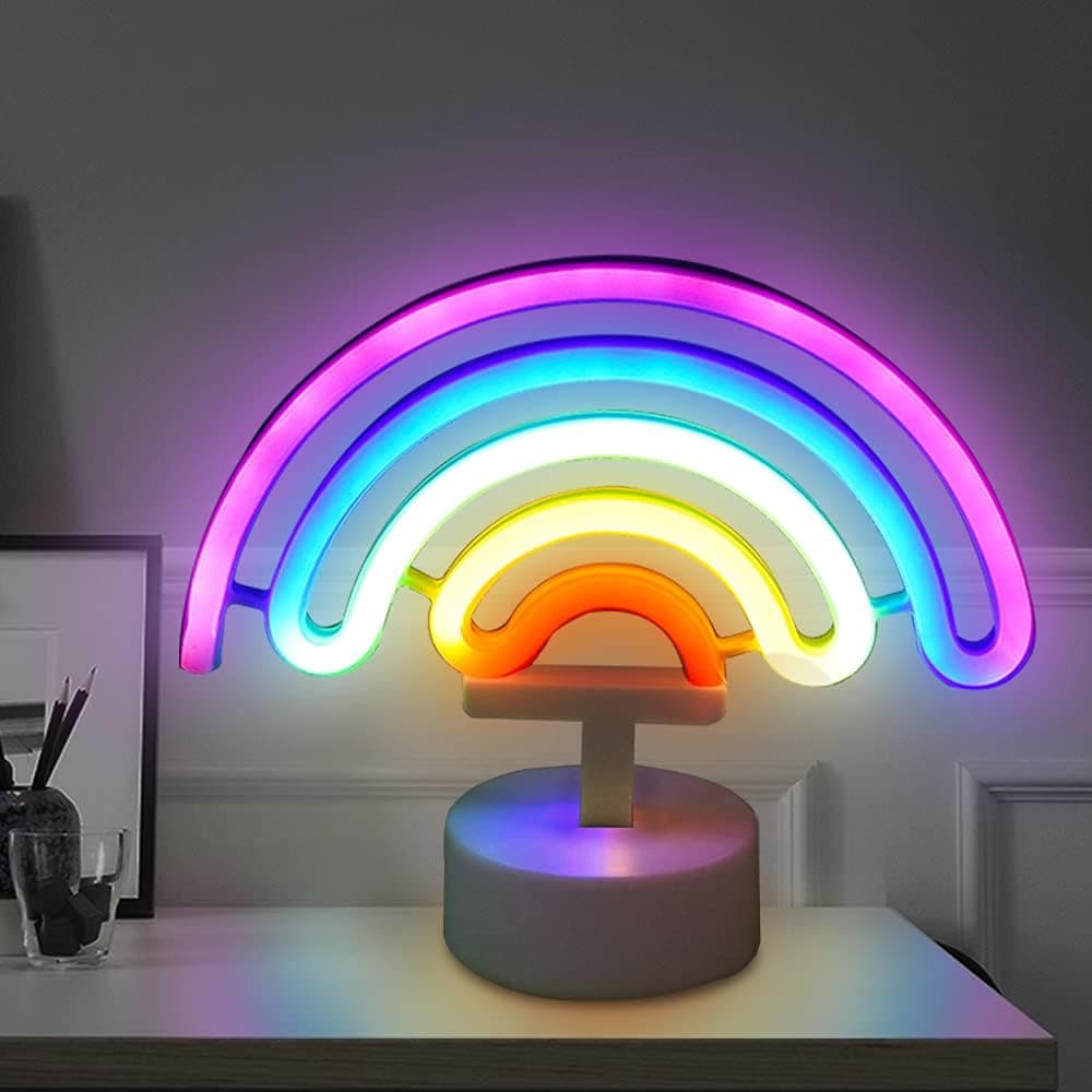 Rainbow Neon Sign Light Battery/USB Powered Light Up Cute Colorful Table Led Neon Night Lamp with Stand for Kid Girl Gift,Bedroom,Tabletop Decor,Birthday,Bar,Classroom,Playroom,Wedding Party Supply