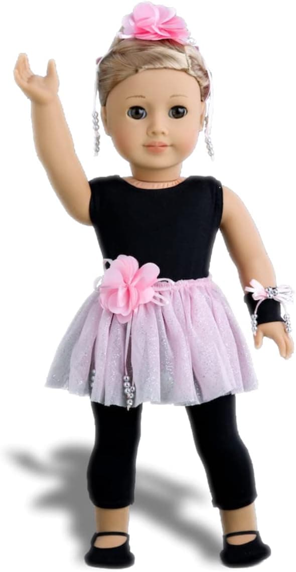 DreamWorld Collections - Showtime - 5 Piece Outfit - Black Unitard, Pink Tutu Skirt, Ballet Slippers, Corsage, Hairpiece - Clothes Fits 18 Inch Doll (Doll Not Included)