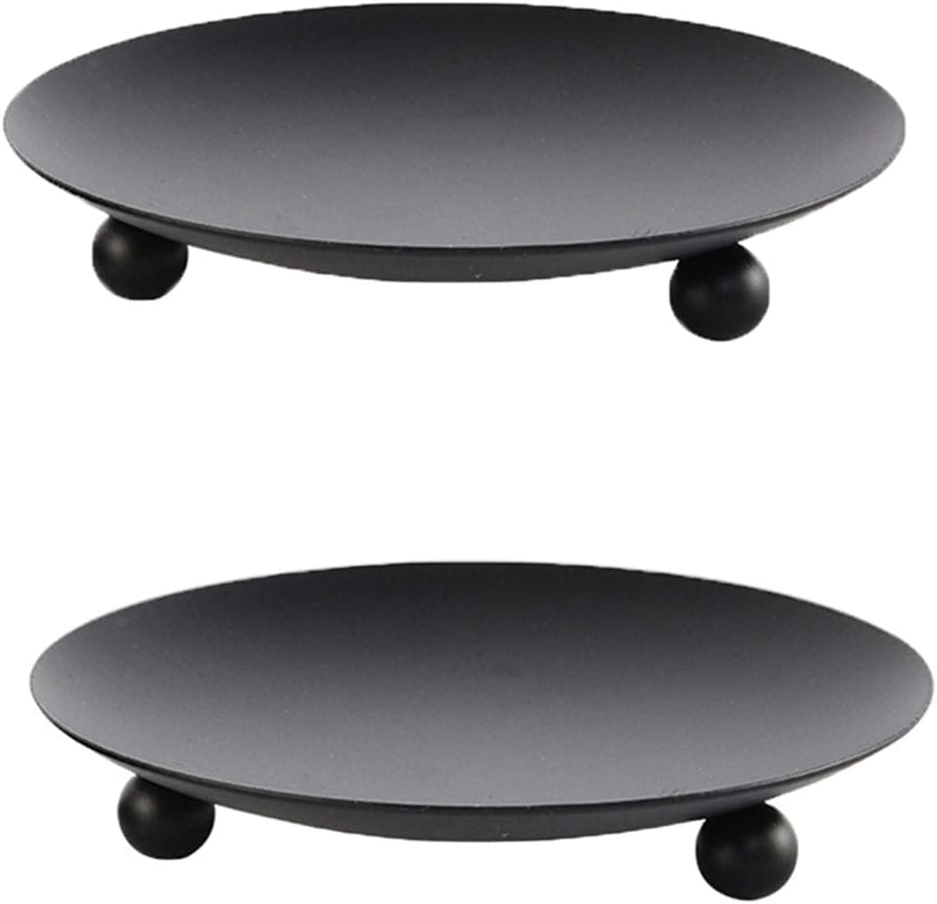 YYaaloa 2 pcs Black Decorative Iron Plate Candle Holder 4.33'' Candle Stand Candle Plate for LED & Wax Candles, Incense Cones, Spa, Weddings (Black-2 Pack)
