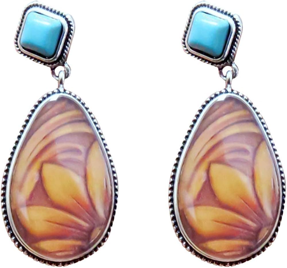 KaFu Bohemia Vintage Lady Water Drop Sunflower Earrings Faux Turquoise Inlaid Jewelry Drop Earrings for women and girls - Brown