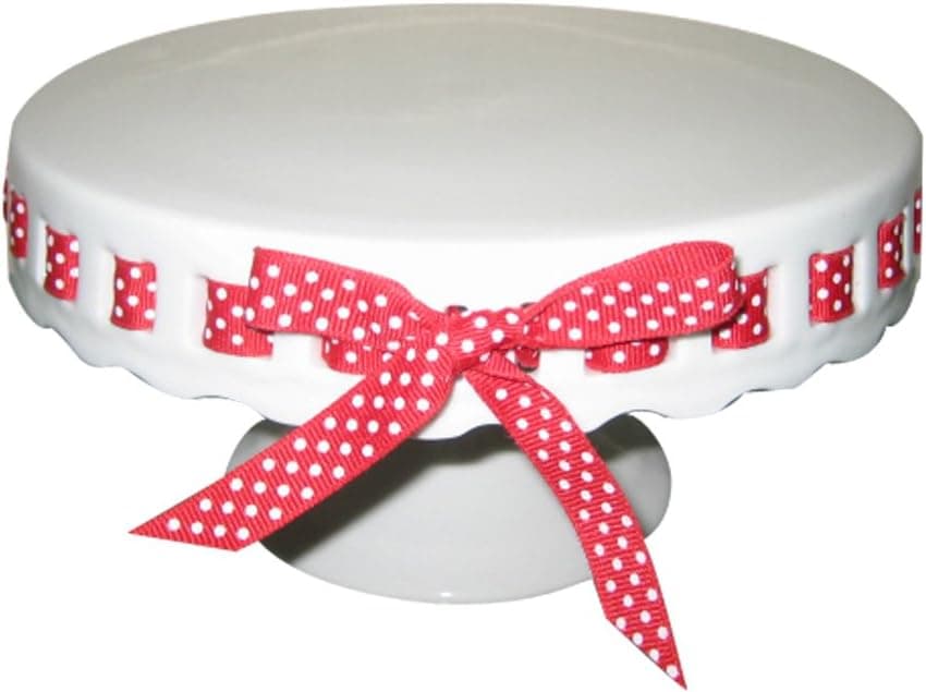Gracie China by Coastline Imports 12-Inch Round Porcelain Skirted Cake Stand, Red and White Polka Dot Ribbon