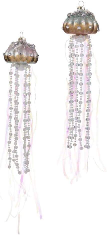 Rhinestone, Pearl & Glitter Blown Glass Nautical Christmas Tree Jellyfish Ornament Set - 2 Ornaments (Jellyfish Blue and Pink)