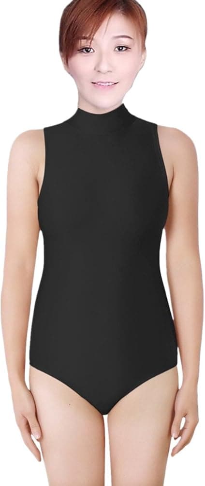WOLF UNITARD Sleeveless Leotard Turtleneck Bodysuit Medium Black