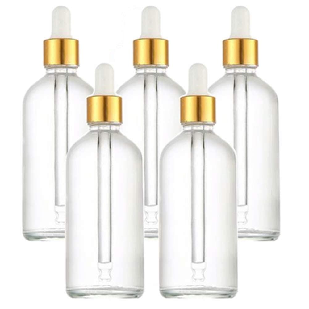 5 Packs Clear Glass Bottle,Essential Oil Dropper Bottles Perfume Sample Vials Cosmetic Containers With Glass Eye Dropper And Gold Lids (100ml/3.4oz)
