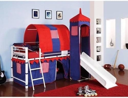 Castle Tent Twin Loft Bed Slide Playhouse w/ Under Bed Storage Red White & Blue. Top of the Slide Is Tented with a Tower with Peek Through, Fold Down Window Covers. Fun Bunk Bed w/ Slide & Covered Hiding Place Below. The Covered Hiding Place Below Can Also Be Used As Under Bed Storage. The Kids Will Have a Blast All Day Long Playing in the Bedroom.