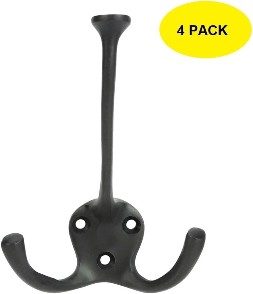 A29 4 Inch Cast Iron Triple Hook, Black Powder Coat Finish, Set of 4