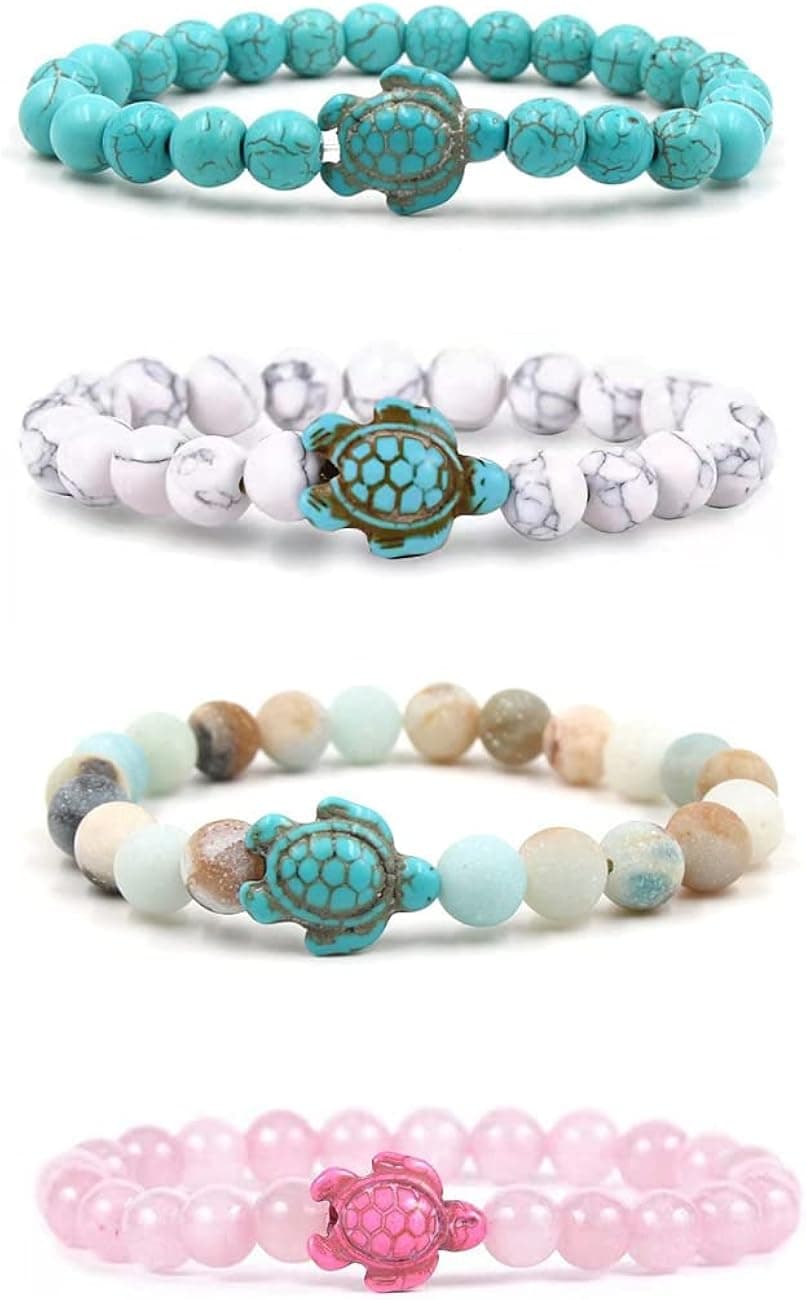 Pingyongchang 4pcs Sea Turtle Beads Tracking Bracelet,Elastic Natural Stone Stretch Lava Bracelet Anklet,Supports the Sea Turtle Conservancy,Friendship Couple Turquoise Bracelets