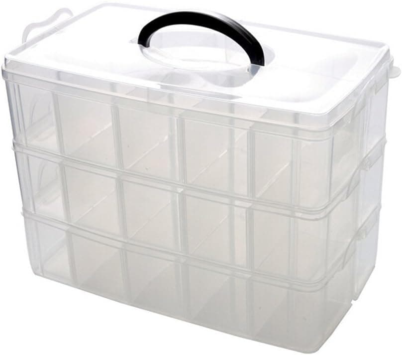 Kamay's 3-Tier Transparent Stackable Adjustable Compartment Slot Plastic Craft Storage Box Organizer Snap-Lock Tray Container 3 Sizes 4 Candy Colors Available (Extre Large 30 Compartment, White)