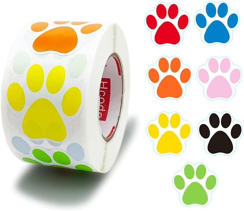 Hcode 1.5" Bear Paw Print Stickers Paw Shape Stickers Dog Puppy Paw Stickers 500 Pieces per Roll (1 roll, Multicolor Paw Shape)