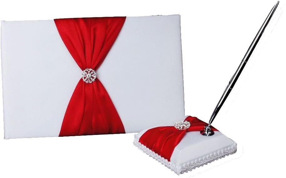 Wedding Guest Book Pen and Stand Set Handmade Rose Flower Decor, 70 Pages in Total (Red)