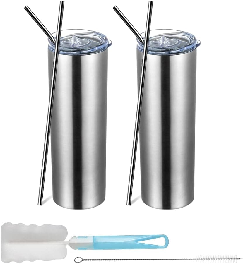 20oz Stainless Steel Skinny Tumblers with Straw, Double Wall Travel Tumblers with Lid, 2 Pack Insulated Tumbler Cups, Slim Vacuum Travl Mug for Cold & Hot Drinks-Silver