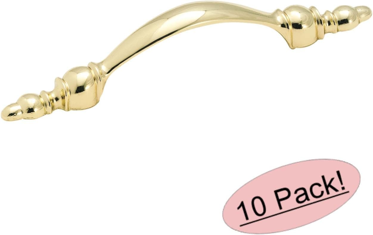 Amerock BP750-3 Legacy Polished Brass Cabinet Hardware Handle Pull - 3" Hole Centers - 10 Pack