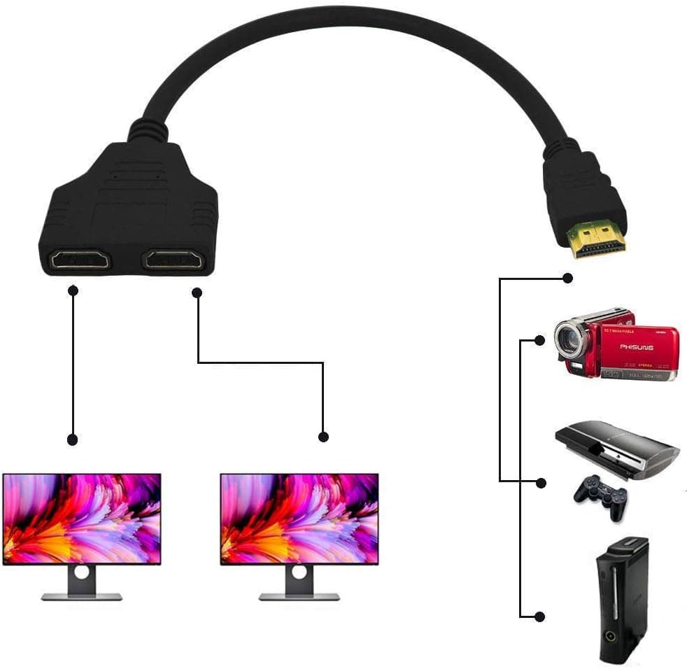 SYSAMA HDMI Cable 1080P HDMI Spliter Cable Port Male to 2 Female 1 in 2 Out Splitter Cable adaptater in HDMI HD, LED, LCD, TV Signal One in,Two Out(Black 12 Inch)