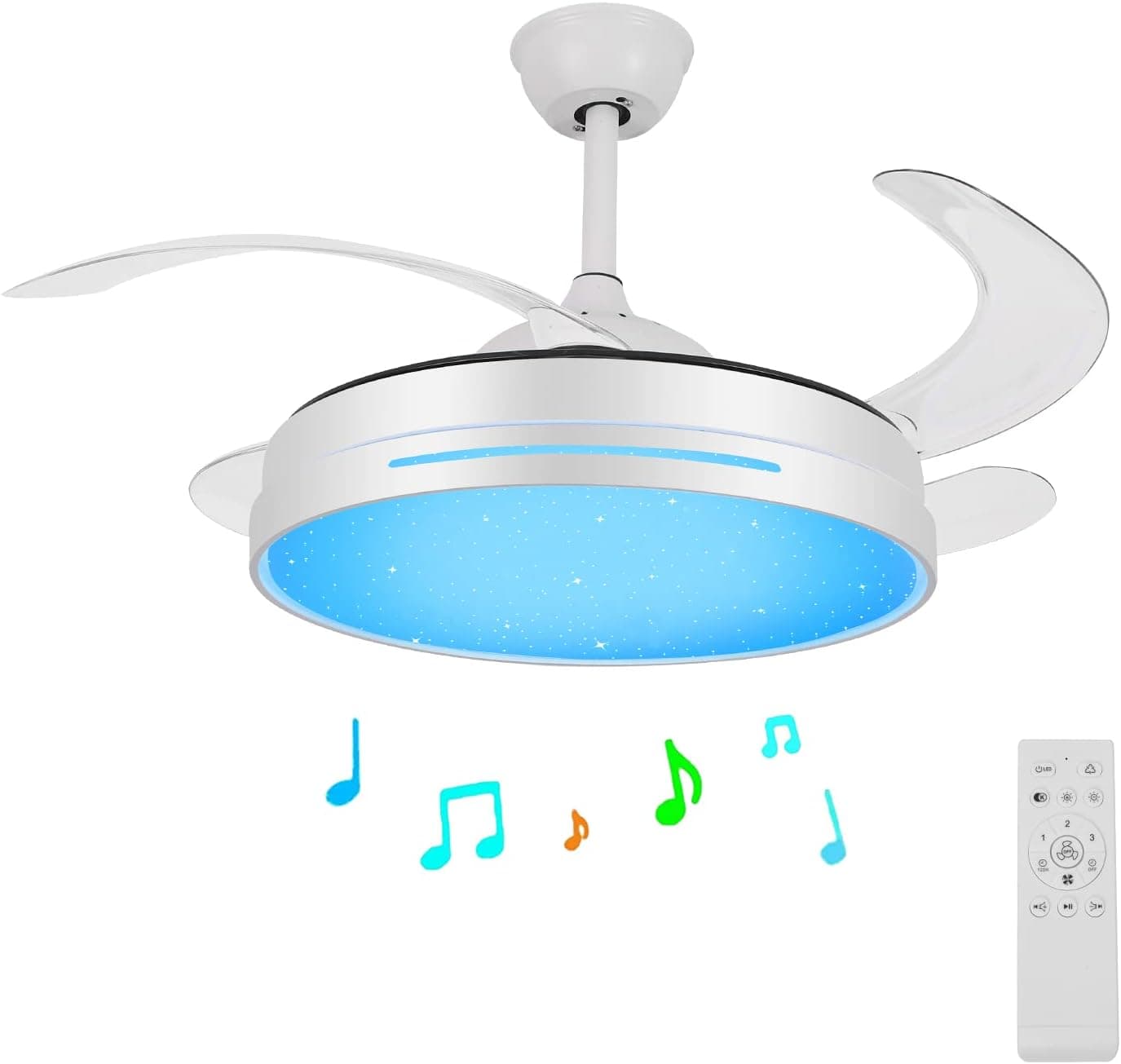 Retractable Ceiling Fan with Lights and Bluetooth Speaker, 24W 36'' Color Changing kids Ceiling Fan Invisible Blades Chandelier Ceiling Fan Dimmable lights with Remote Control for Kids Room Bedroom