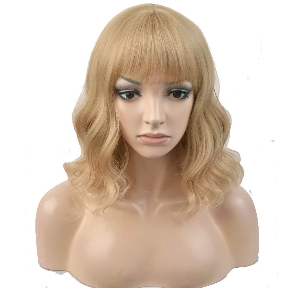BERON 14 Inches Ash Blonde Wig Short Curly Wig Women Girl's Synthetic Wig Ash Blonde Wig with Bangs Wig Cap Included