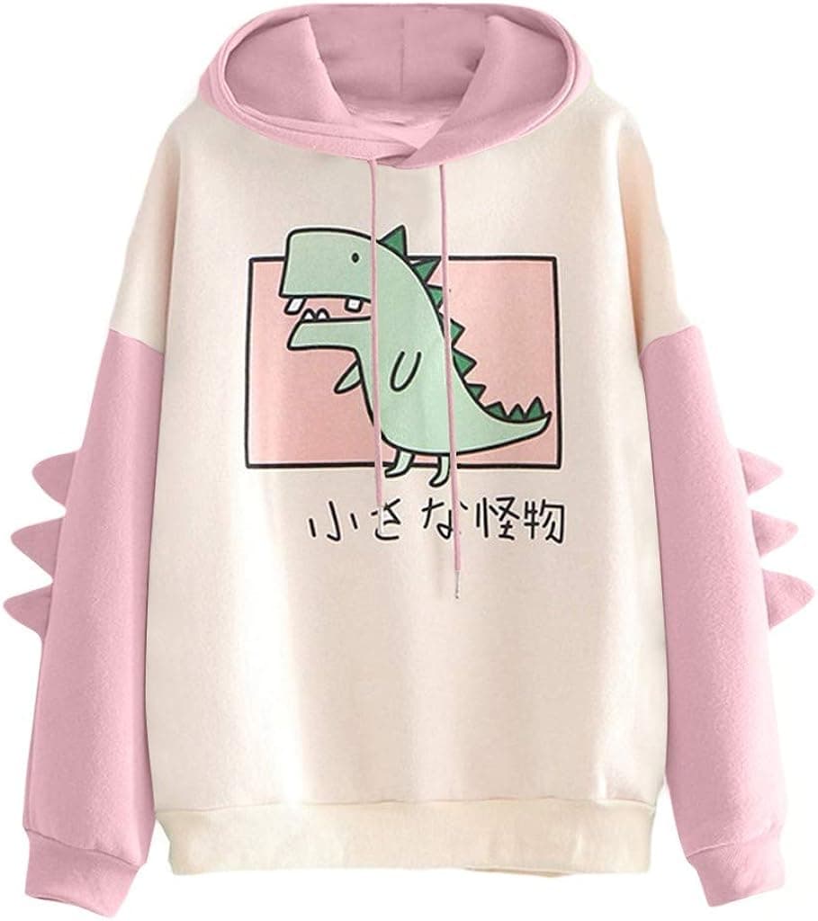 Women's Dinosaur Sweatshirt Long Sleeve Splice Tops Cartoon Cute Hoodies Teens Girls Casual Pullover