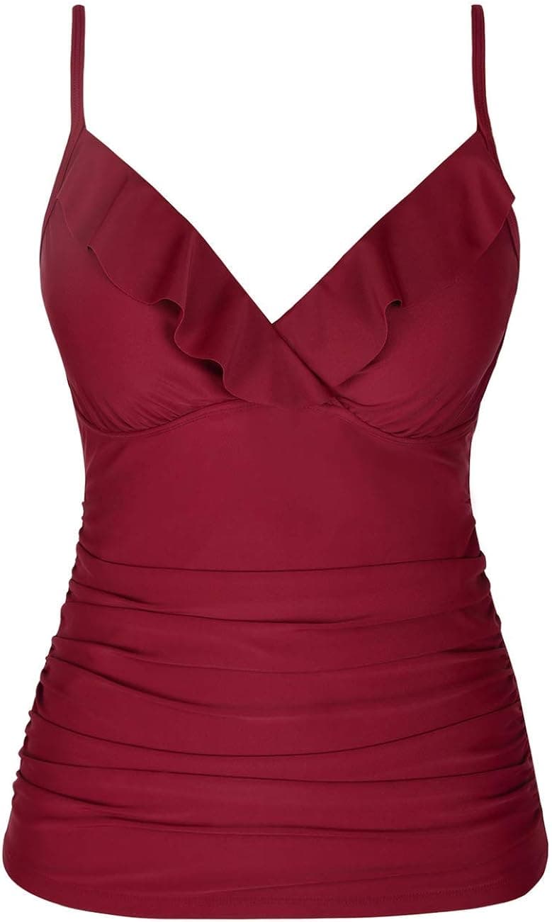 Hilor Women's Tankini Tops Shirred Ruffled Swimsuits V Neck Swimwear Top