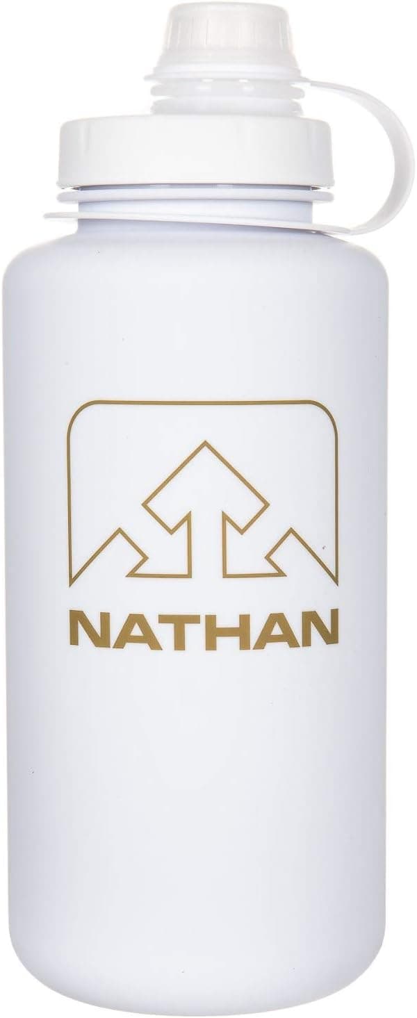 Nathan Sports Water Bottle, BPA Free Water Bottle, 32oz Water Bottle, 32oz/ 1Liter (White/White/Gold Frosted Foil Logo)