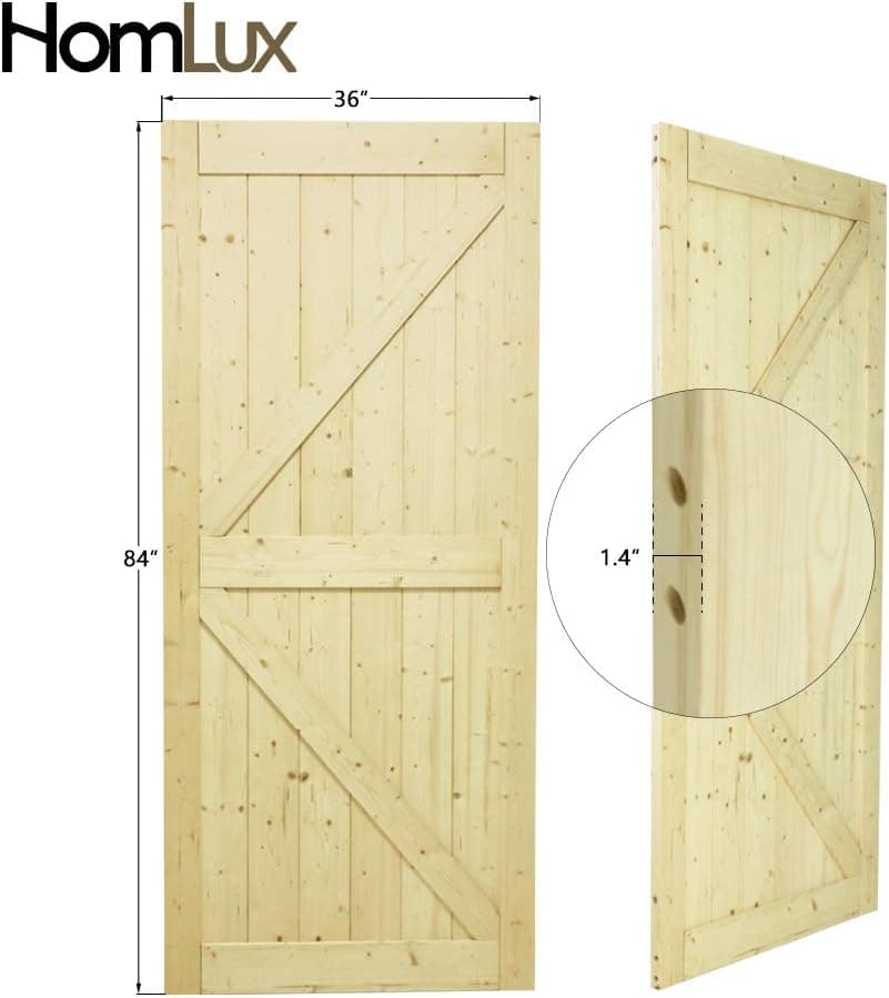 Homlux 36in x 84in Sliding Barn Wood Door Unfinished Natural Solid Pine Wood Pre-Drilled Single Door Only Ready to Assemble DIY 2-Panel Slab K-Frame