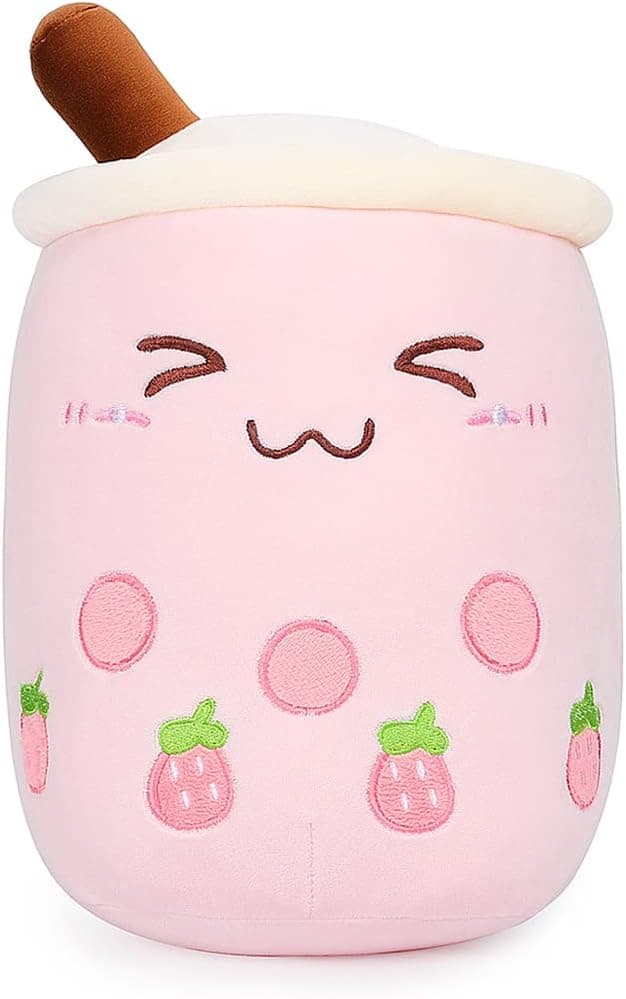 AIXINI Strawberry Boba Plush 9.4 inch Pink Stuffed Bubble Tea Plushie Milk Tea Cup Plush, Soft Kawaii for Kids