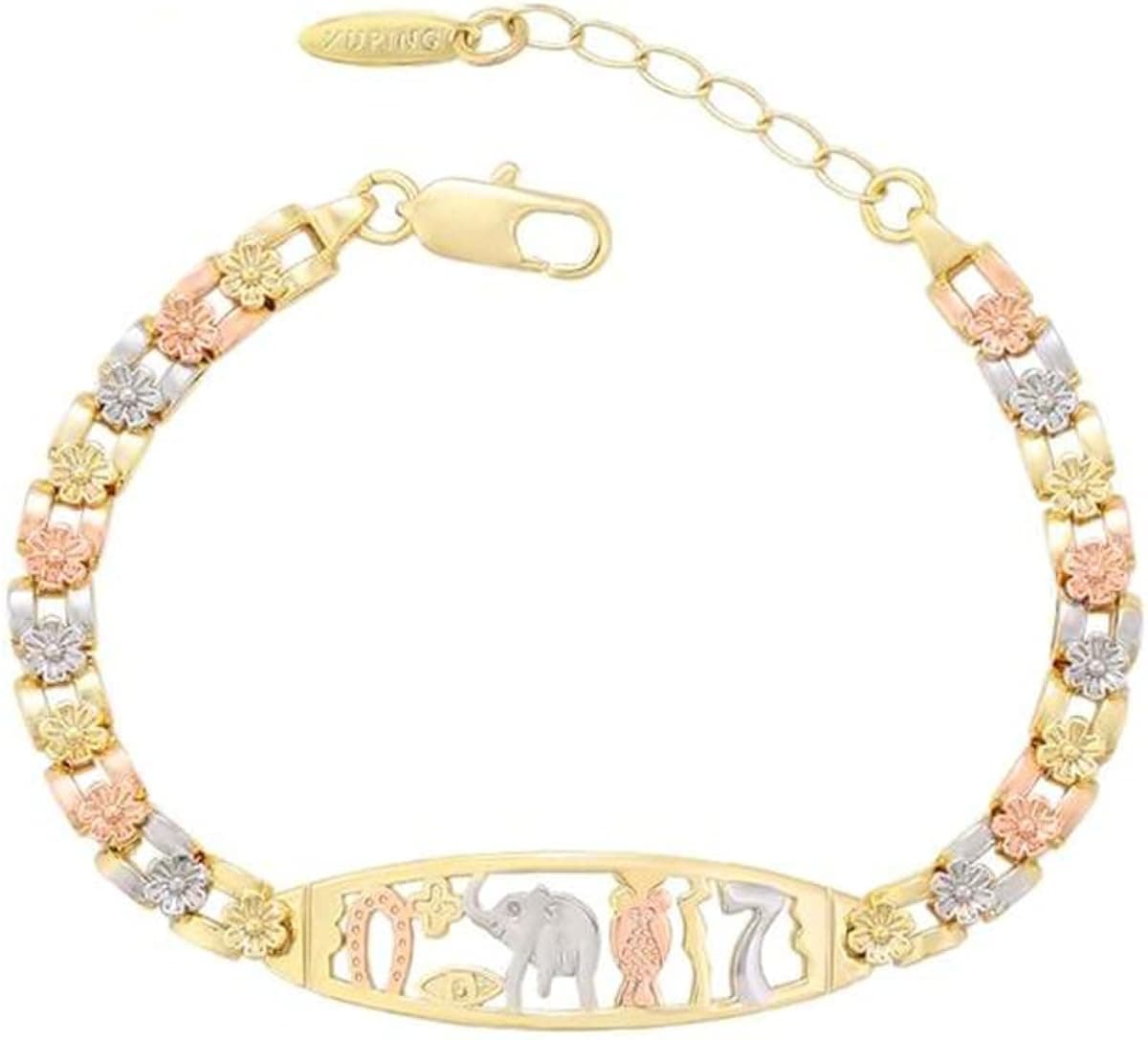 Tri-Colored Elephant Bracelets for Women Girls, Gold plated with Flowers-Link, Most Powerful Good Luck Charms That Work