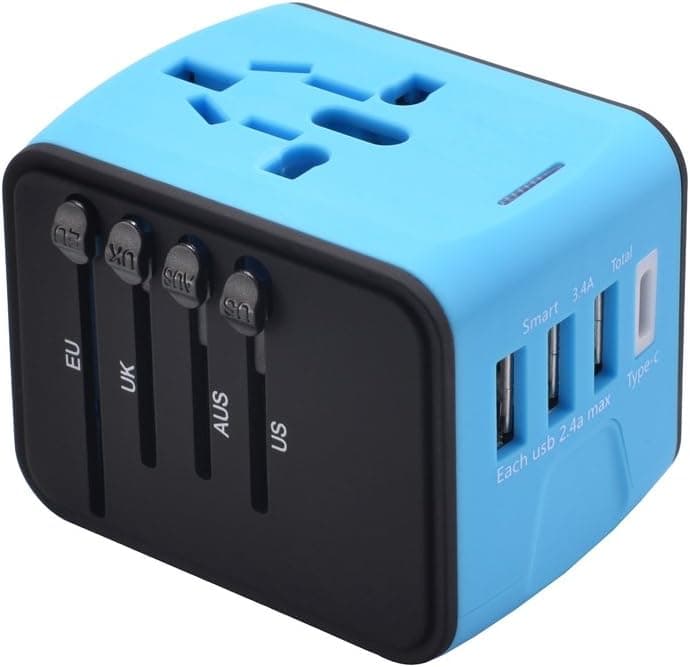 Universal Travel Adapter, All in One International Travel Plug Adapter with 2.4A USB and 3.0A USB Type-C, Converters and Travel Adapters for Europe UK US AU & Asia - Safety Fused (Blue)