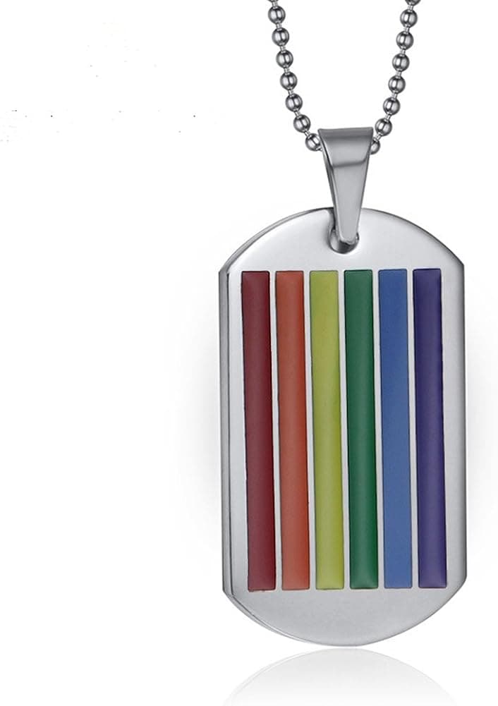 Amkaka Stainless Steel Rainbow Gay Lesbian Pride Square Dog Tag Pendant LGBT Necklace
