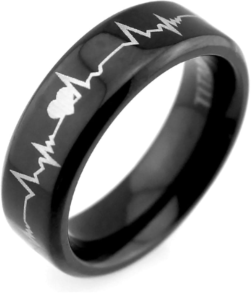 EZreal Will Queen 6mm Black Titanium Rings Cardiogram Heartbeat Laser Pattern Unique Wedding Rings Lifetime Love