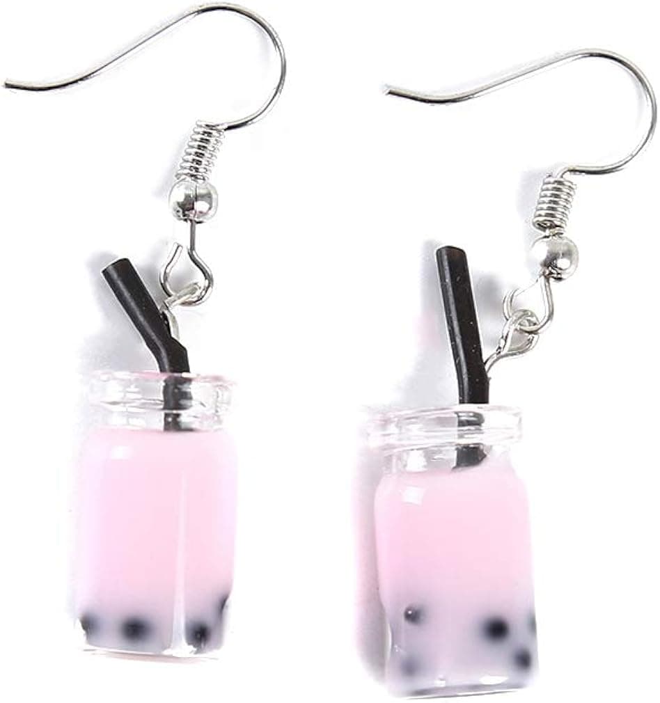 Firecolor Mini Fruit Juice Earrings Creative Apple Kiwi Orange Watermelon Grape Drink Bottle Pendant Earrings Hooks Dangle Jewelry,Pink