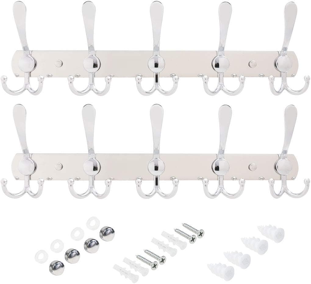 SZAT PRO Wall Mounted Coat Rack Hooks Stainless Steel Metal Heavy Duty Silver 5 Tri 16 inch 2 Packs