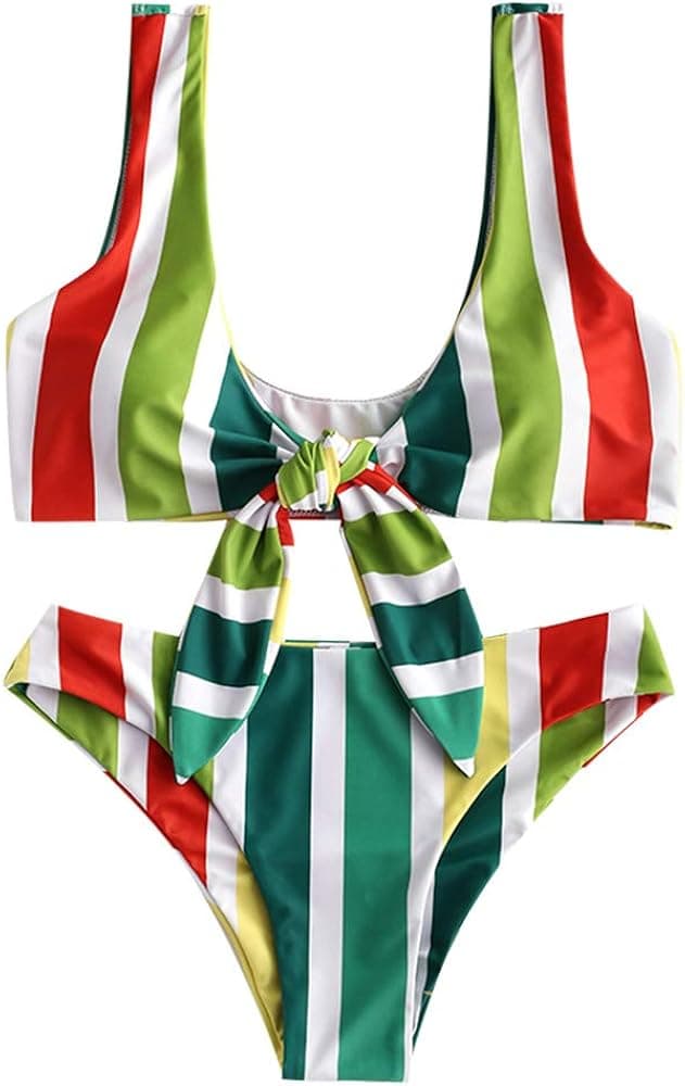 ZAFUL Women's Spaghetti Strap Tie Knot Front Stripe Print Stripe Swimsuit Natural Waist Solid Two-Piece Bikini Sets (Multi-B, S)