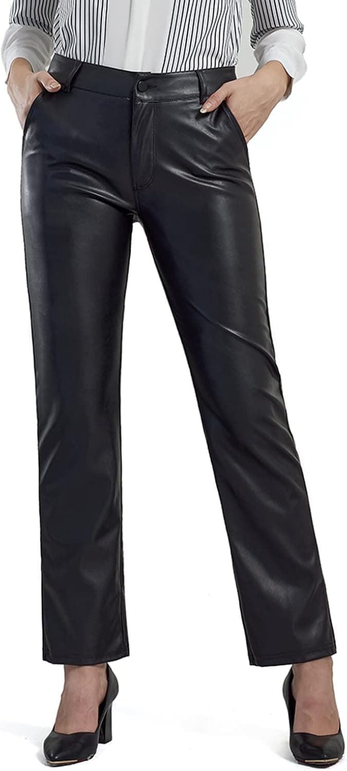 Balleay Art Faux Leather Pants for Women, Skinny Leg Mid Waist Elastic Black Pants Leather Leggings with Pockets