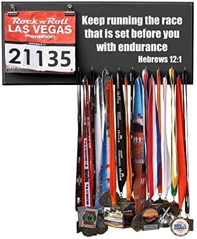 RunRilla Keep Running The Race That is Set Before You with Endurance, Hebrews 12:1 Medal Hanger Display, Black, 17 Hooks