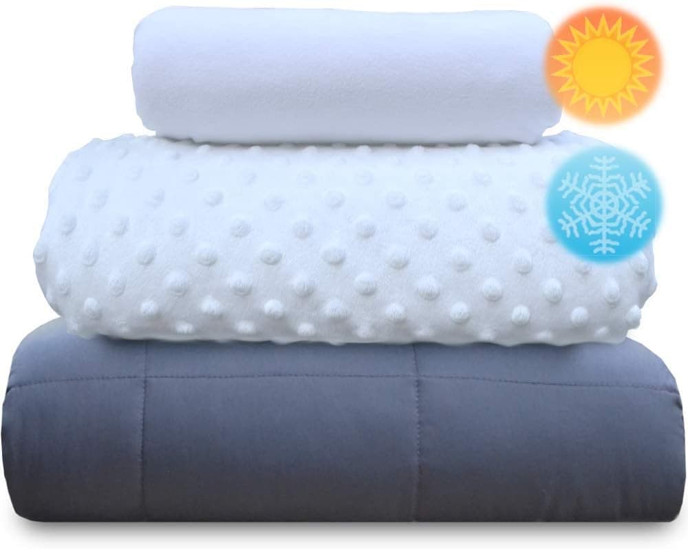 chilla 15 lbs Weighted Blanket Set | 3 Piece Set | Summer + Winter Duvet Covers | 60in x 80in | White + Gray
