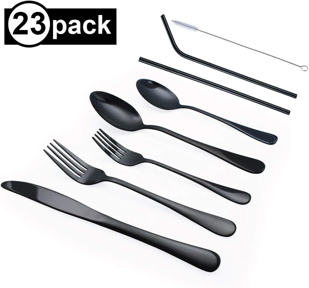 Black Silverware Set, 20 Pieces Stainless Steel Flatware Set Service for 4 Include 4 Forks, Dinner Spoons, Knives, Dessert Forks, TeaSpoons, 2 Straws Use for Home and Restaurant