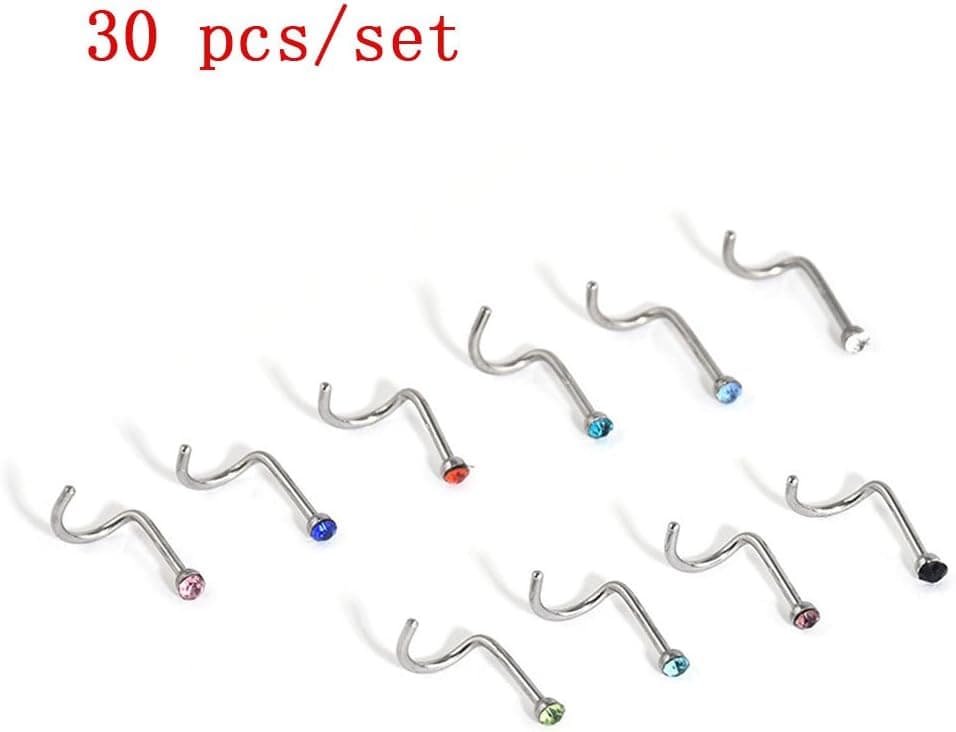MAIDIEN 30pcs Nose Studs Ring Stainless Steel 22 Gauge Rhinestone Body Piercing Jewelry S Shape