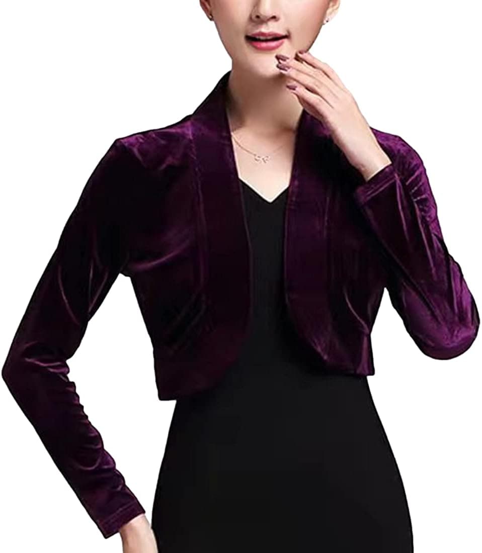 SeekMe Women's Long Sleeve Velvet Shrug for Dress Open Front Cropped Bolero Cardigan
