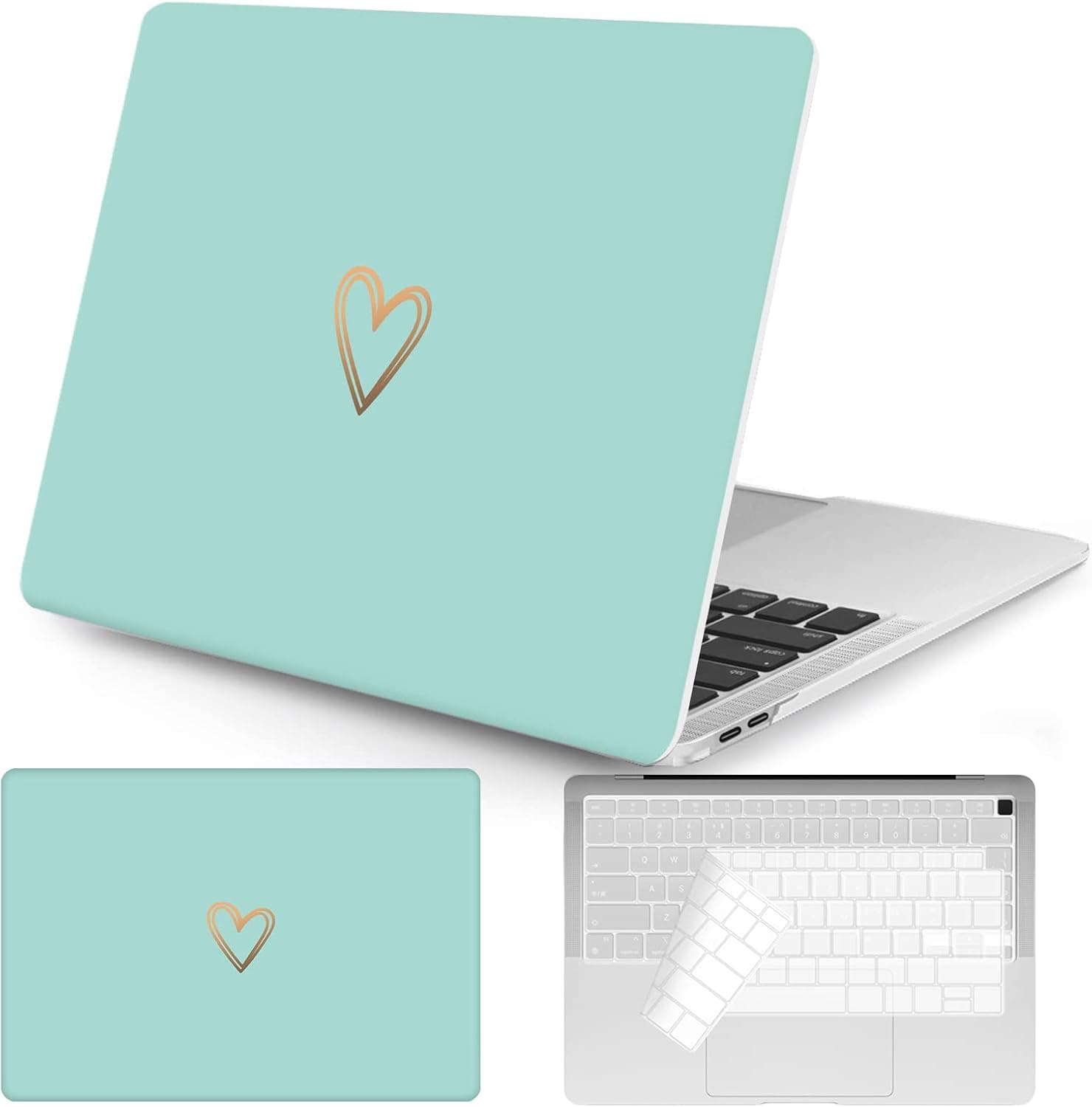 Seorsok Compatible with MacBook Air 13 Inch Case 2020 2019 2018 Release A1932 A2179 M1 A2337 Touch ID, Gold&Cute Heart Pattern Plastic Hard Shell Case with Keyboard Cover,Mint Green