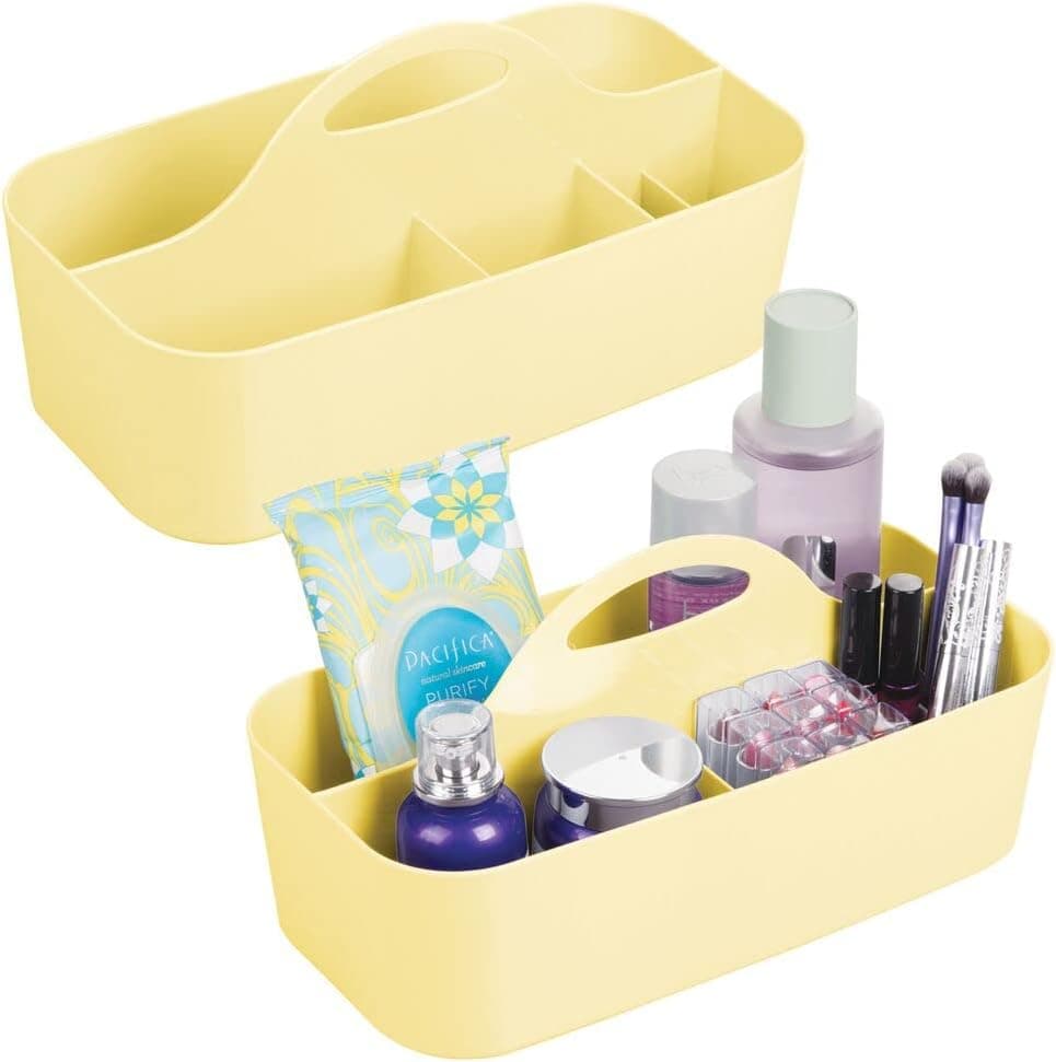 mDesign Plastic Makeup Storage Organizer Caddy Tote - Divided Basket Bin, Handle for Eyeshadow Palettes, Nail Polish, Makeup Brushes, Cosmetic and Shower Essentials - 2 Pack - Light Yellow