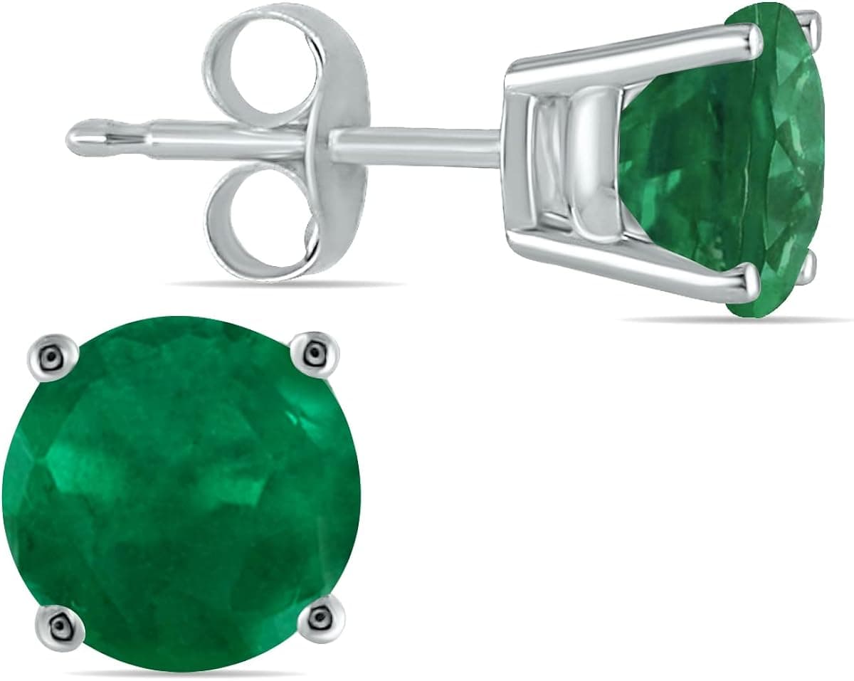 Genuine 5mm Round Emerald Gemstone Earrings Set in 14k White Gold