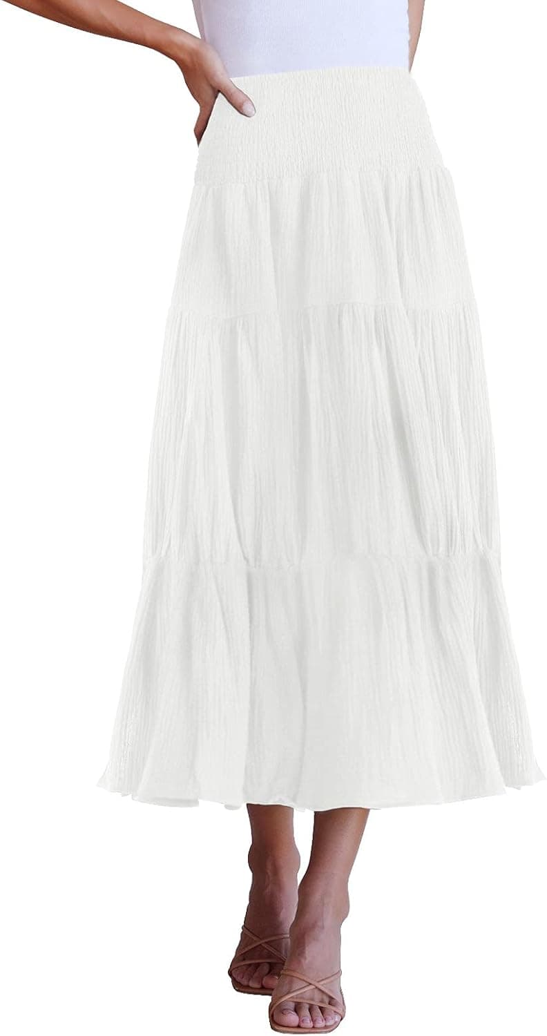 ZESICA Women's Casual High Elastic Waist Solid Color Ruffle A Line Swing Midi Skirt