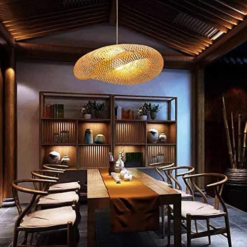 LITFAD Donut Shaped Bamboo Hanging Lamp Artistic 1 Bulb Wood Ceiling Pendant Light Asian Style Hanging Ceiling Fixture for Tearoom Restaurant Hotel, 23.5" 110V-120V